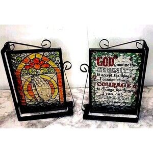 Stained Glass Double Side Book Ends Serenity Prayer, Praying Hands.*Read